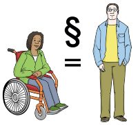 Eine Frau im Rollstuhl und ein stehender Mann sind mit einem Gleich-Zeichen, zwischen ihnen, dargestellt. Es soll verdeutlichen, dass alle Menschen gleich sind.